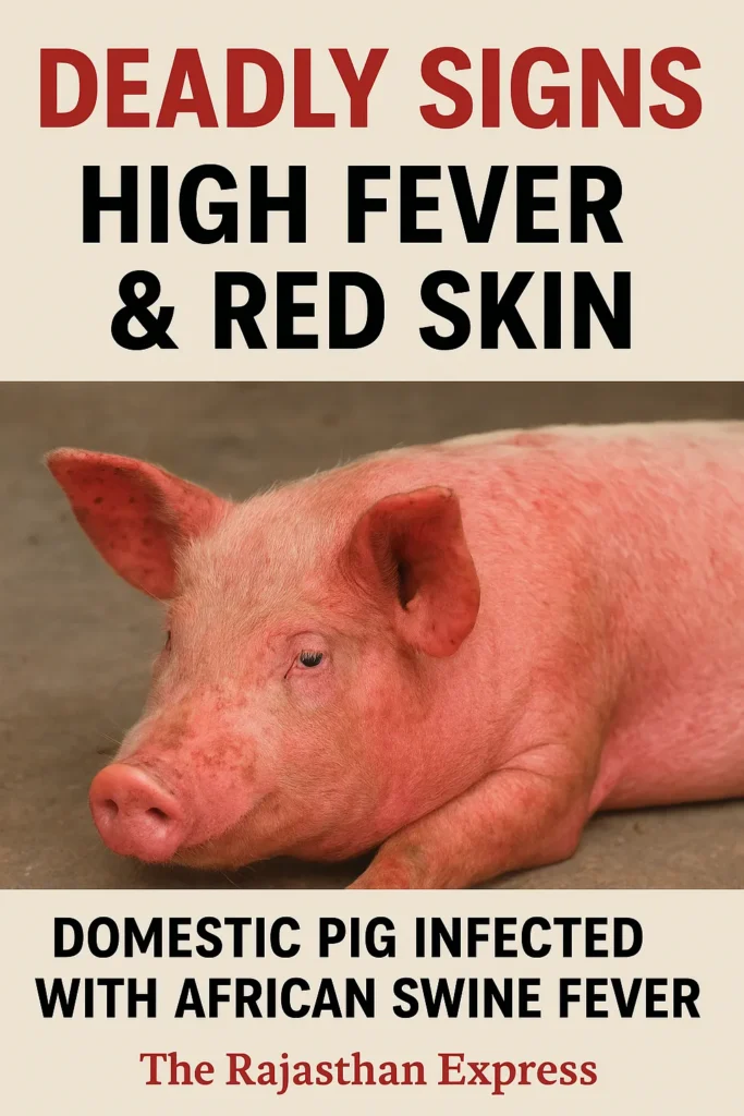 Image of a domestic pig infected with ASF, clearly showing signs of high fever and reddening of the skin on the ears, belly, or limbs.