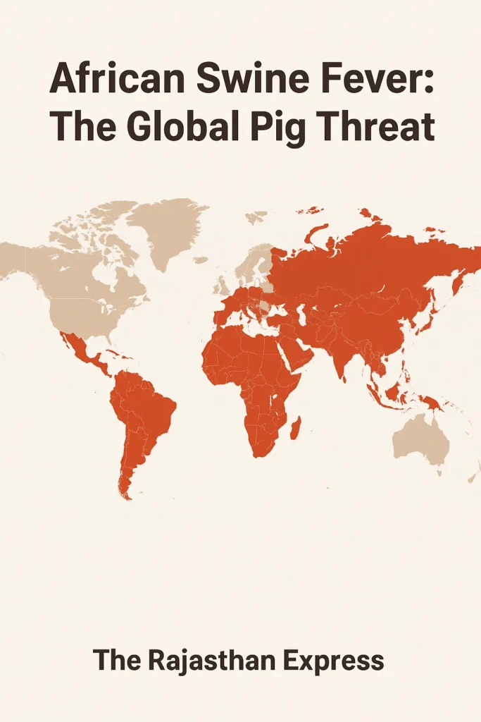 World map showing regions currently affected by the African Swine Fever virus (ASFV), highlighting its global distribution.