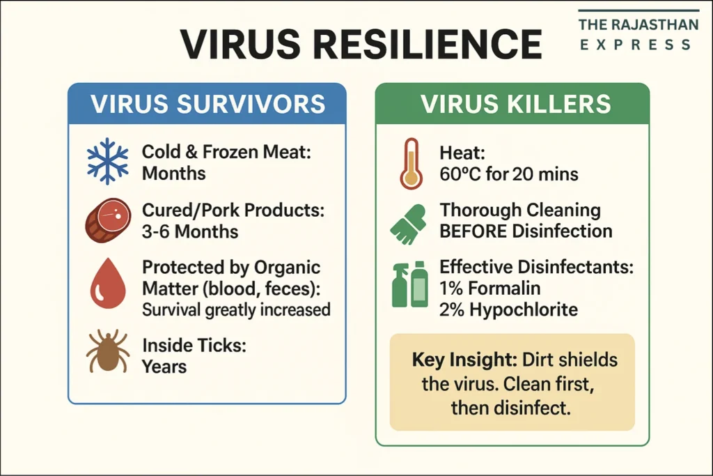 Comparative chart showing conditions where the ASF virus survives for long periods (cold, meat, with organic matter) and methods to destroy it (heat, specific disinfectants after cleaning).