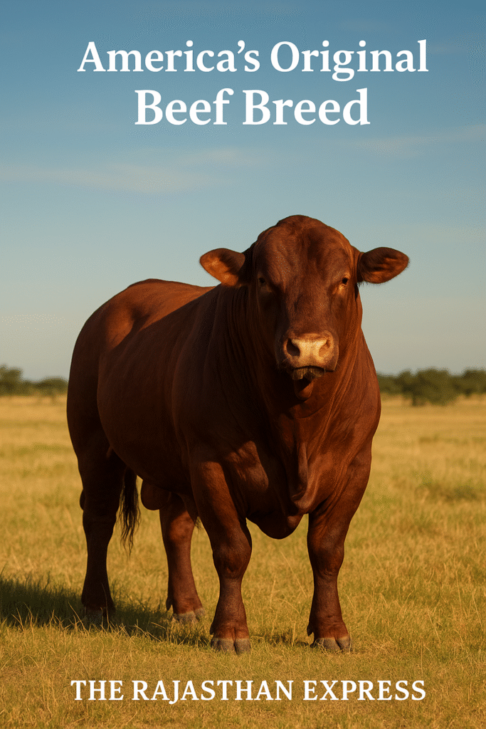 Majestic dark red Santa Gertrudis bull standing in a sunny Texas pasture at King Ranch.