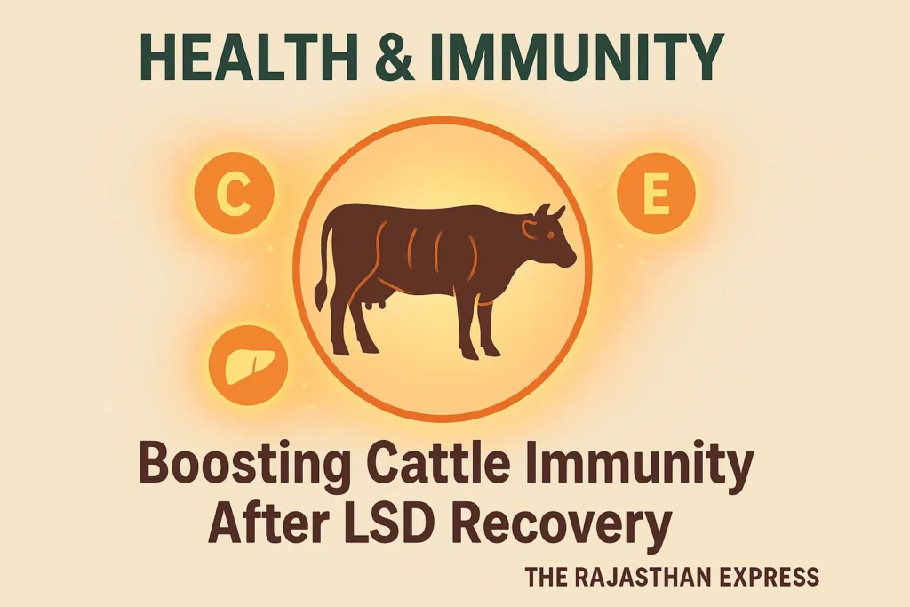 Conceptual graphic demonstrating the method for boosting cattle immunity after LSD recovery using essential vitamins and immunomodulators.
