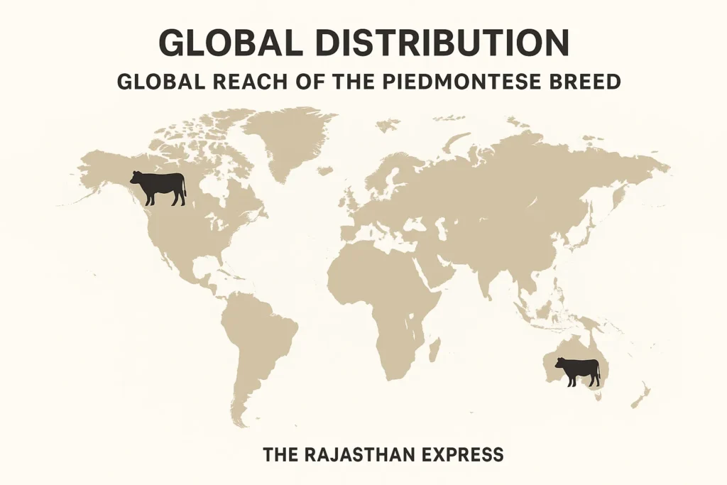 World map graphic showing the global distribution and reach of the Piedmontese breed from Italy to Canada, Australia, and other countries. THE RAJASTHAN EXPRESS.