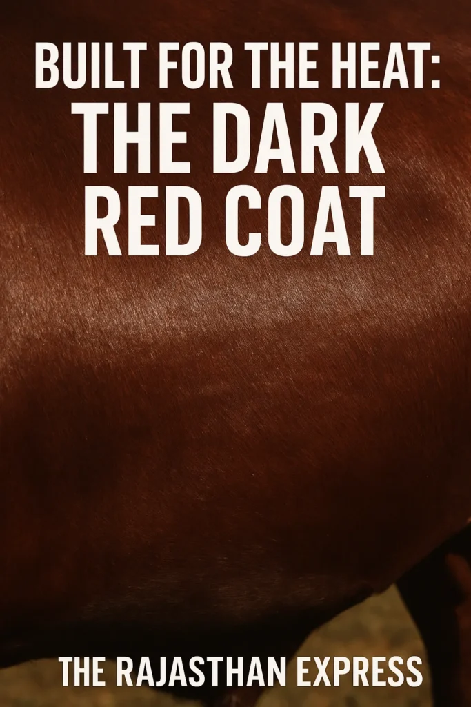 Close-up of the dark red coat and glossy hide of a Santa Gertrudis cow, showing its heat-tolerant cattle characteristics.