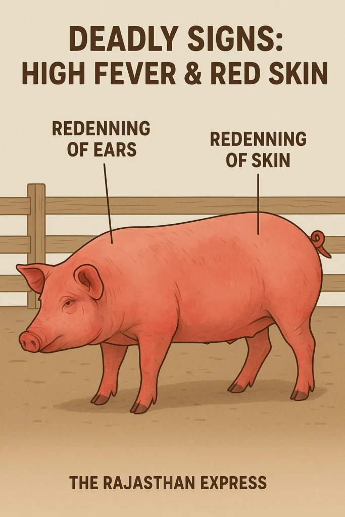 Image of a domestic pig infected with ASF, clearly showing signs of high fever and reddening of the skin on the ears, belly, or limbs.