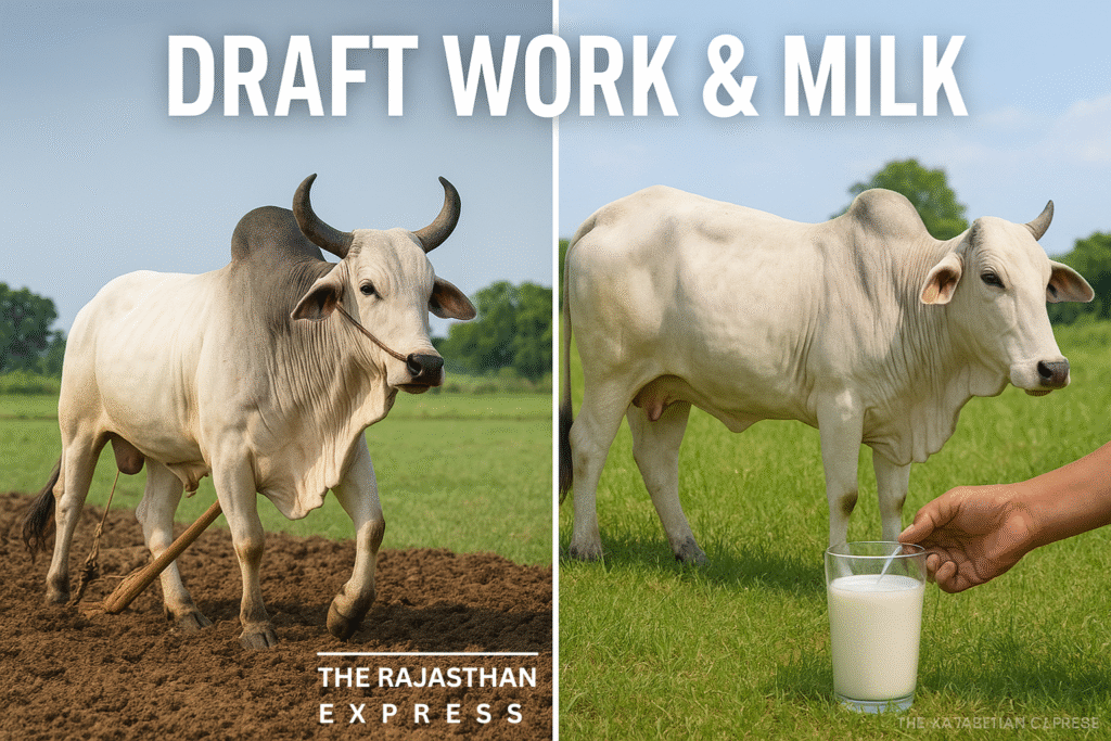 Split image illustrating the dual-purpose use of Ongole Cattle for heavy draft work in fields and moderate milk yield (approx. 798 kg per lactation). THE RAJASTHAN EXPRESS.