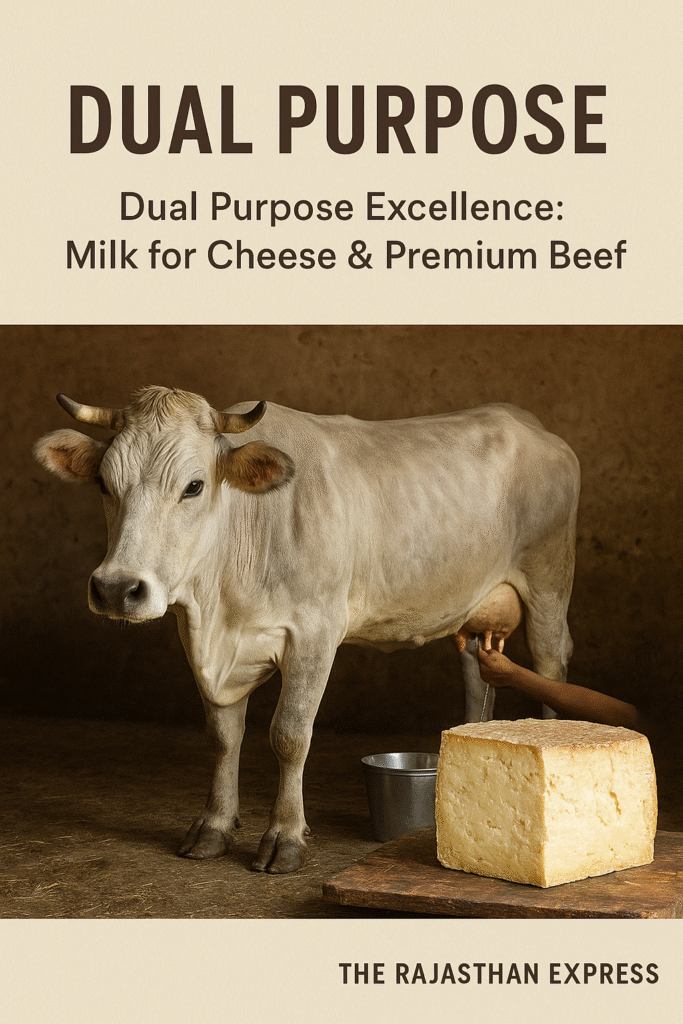 Image illustrating the dual purpose of Piedmontese cattle, showing the cow providing milk for traditional Italian cheese and premium beef. THE RAJASTHAN EXPRESS.