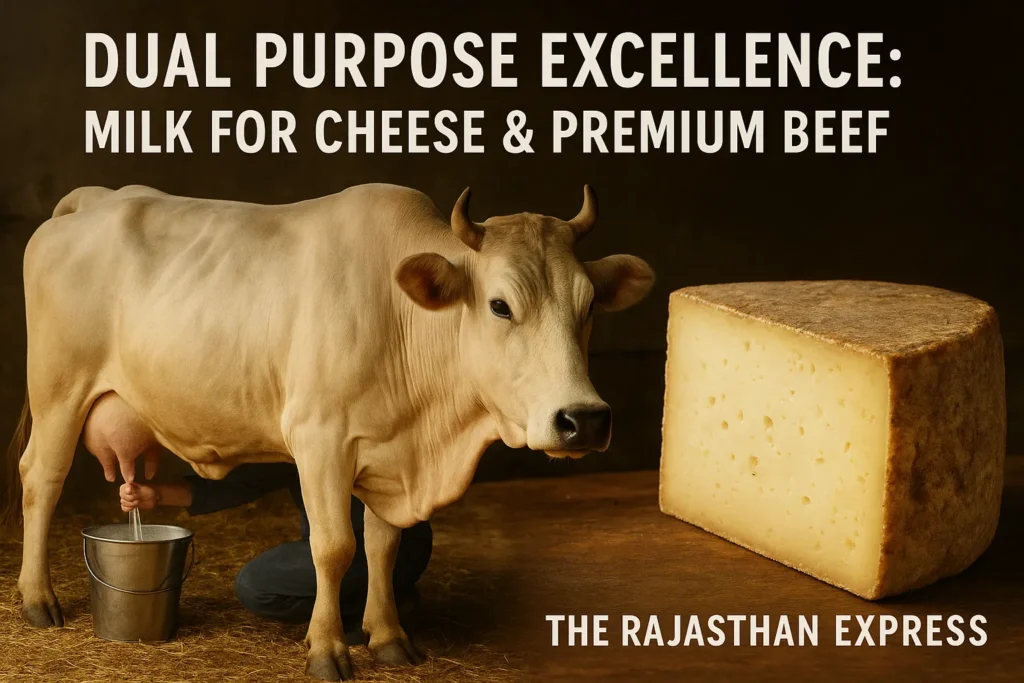 Image illustrating the dual purpose of Piedmontese cattle, showing the cow providing milk for traditional Italian cheese and premium beef. THE RAJASTHAN EXPRESS.