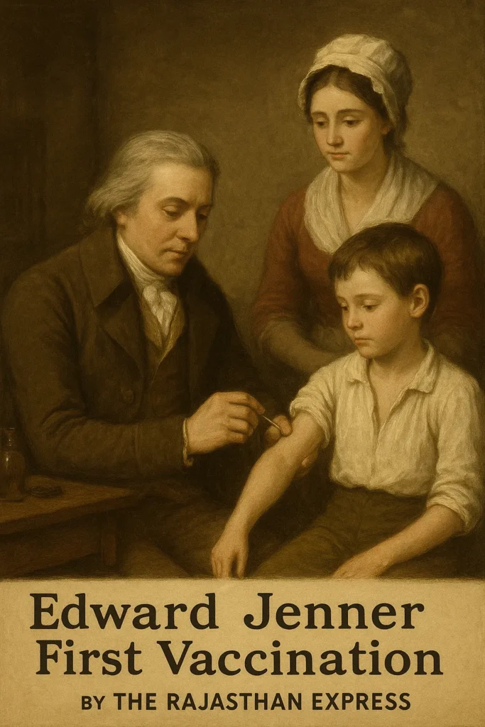 Artistic depiction of Edward Jenner's historic 1796 vaccination of James Phipps using cowpox, marking the beginning of scientific vaccination, presented by THE RAJASTHAN EXPRESS.