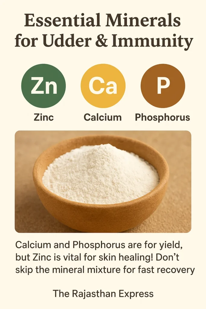Close-up photo of the essential minerals for cow milk production and immunity (Zinc, Calcium, Phosphorus).