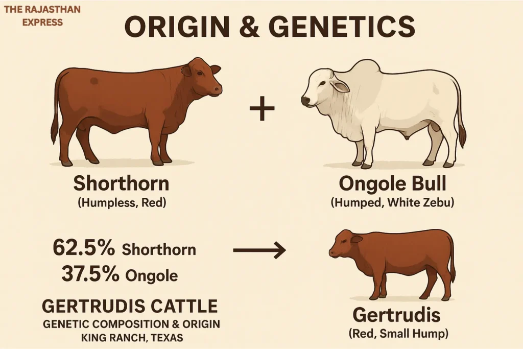 Infographic detailing the Gertrudis Cattle genetic composition as a cross of Shorthorn and Ongole Zebu, originating from King Ranch, Texas. THE RAJASTHAN EXPRESS.