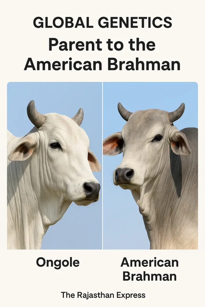 Side-by-side portrait of the Ongole bull and the American Brahman bull, showing the Ongole's genetic influence on the Brahman breed. THE RAJASTHAN EXPRESS.