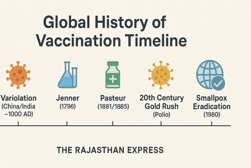 Infographic timeline showcasing the global history of vaccination, from ancient variolation to Edward Jenner, Louis Pasteur, polio vaccines, and smallpox eradication, by THE RAJASTHAN EXPRESS.