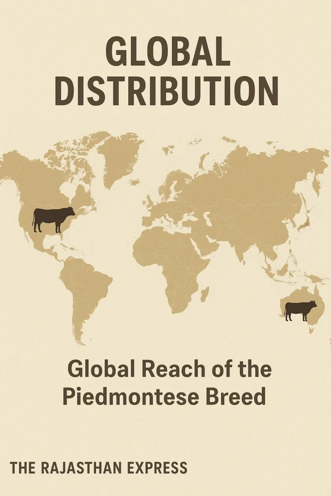 World map graphic showing the global distribution and reach of the Piedmontese breed from Italy to Canada, Australia, and other countries. THE RAJASTHAN EXPRESS.
