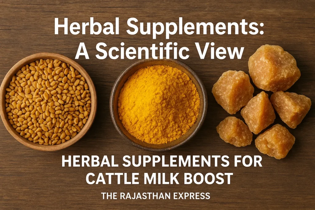 Flat lay photo of herbal supplements for cattle milk boost: Fenugreek, Turmeric, and Jaggery, discussed in the traditional remedies section.