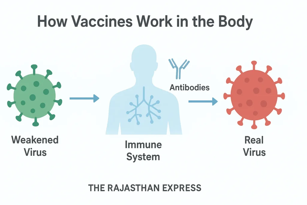 Detailed diagram illustrating how vaccines work by stimulating the immune system to produce antibodies and memory cells against a weakened pathogen, from THE RAJASTHAN EXPRESS.