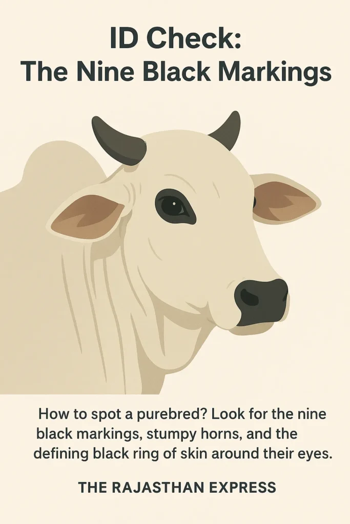 Close-up of Ongole cattle characteristics: black eye ring, stumpy horns, and well-developed dewlap. THE RAJASTHAN EXPRESS.