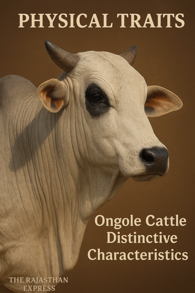 Close-up visual of Ongole Cattle distinctive characteristics, including the black eye ring, short horns, and large, smooth dewlap for heat regulation. THE RAJASTHAN EXPRESS.