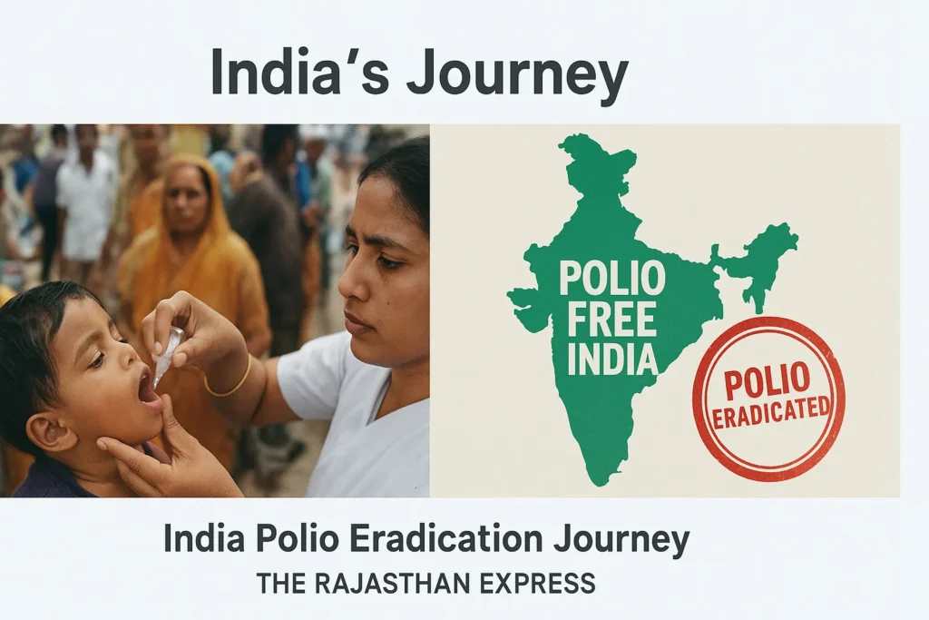 Visual representation of India's journey to polio eradication, from the 1995 Pulse Polio campaign to being declared polio-free in 2014, by THE RAJASTHAN EXPRESS.