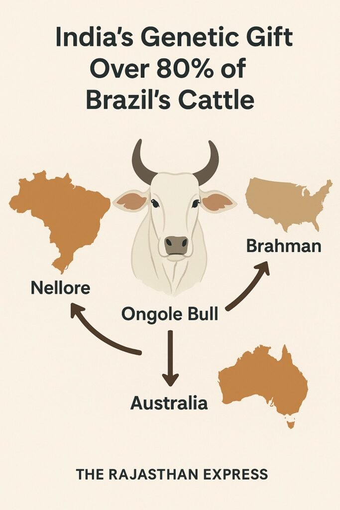 Graphic detailing the global influence of Ongole Cattle on breeds like Nellore (Brazil) and Brahman (USA). THE RAJASTHAN EXPRESS.