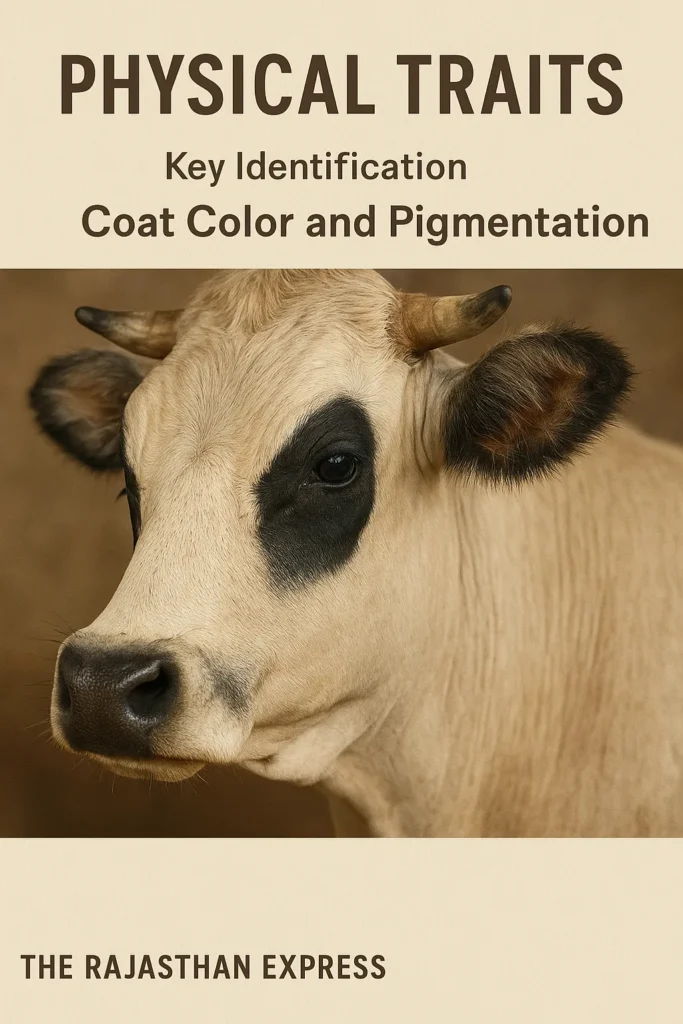 Close-up visual highlighting the distinctive Piedmontese cattle characteristics: white/wheaten coat and black pigmentation around the eyes and muzzle. THE RAJASTHAN EXPRESS.