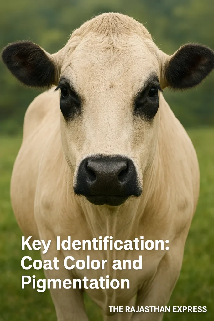 Close-up visual highlighting the distinctive Piedmontese cattle characteristics: white/wheaten coat and black pigmentation around the eyes and muzzle. THE RAJASTHAN EXPRESS.