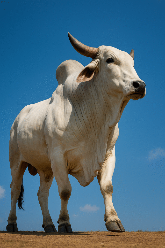 Hero image of a majestic, glossy white Ongole Bull (Nellore), the King of Zebu cattle. THE RAJASTHAN EXPRESS.