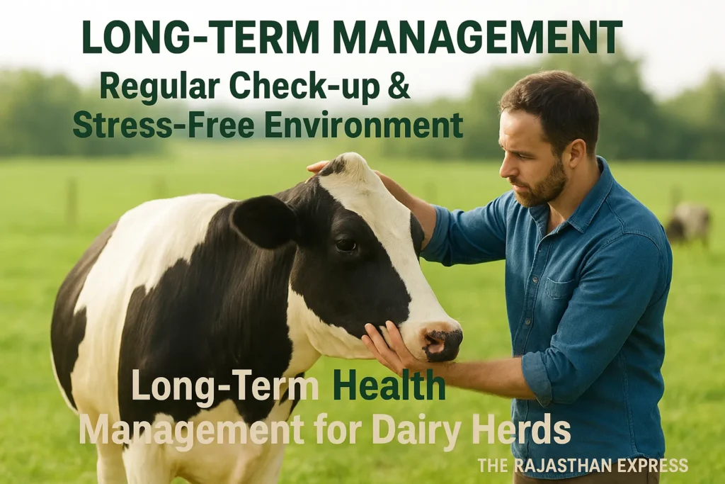 Photo showing a farmer or vet performing a regular health check-up on a cow, representing long-term health management post-LSD.