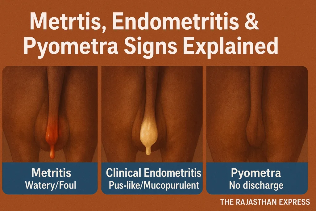 Detailed visual comparison of the Metritis, Endometritis & Pyometra signs focusing on the specific differences in vaginal discharge. THE RAJASTHAN EXPRESS.