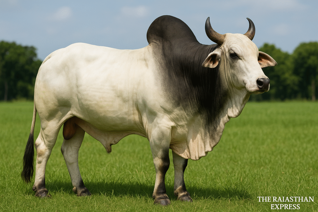 High-resolution image of a majestic white Ongole Bull (Nellore breed), highlighting its strong physique and dual-purpose Zebu breed characteristics. THE RAJASTHAN EXPRESS.