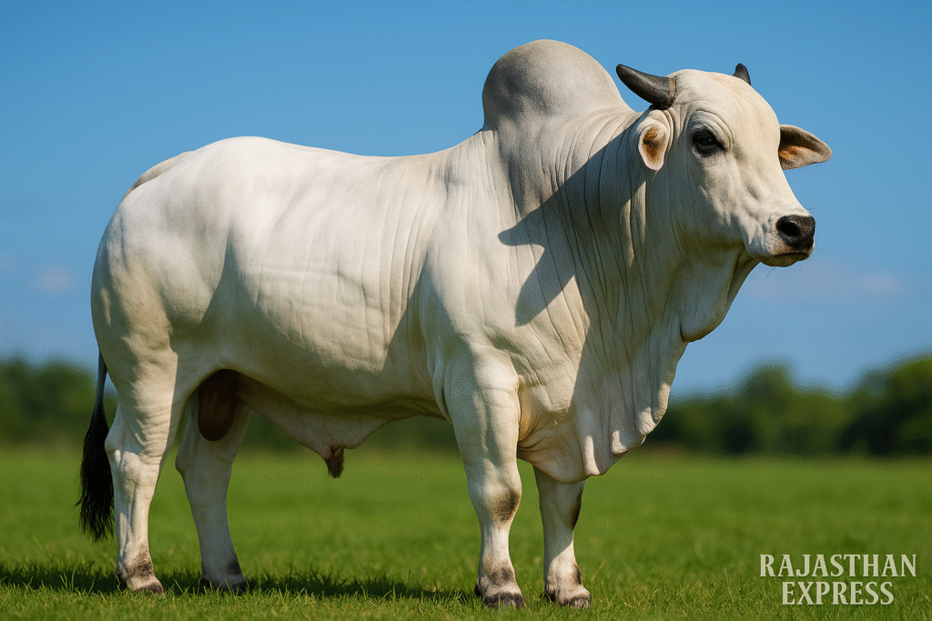 High-resolution image of a majestic white Ongole Bull (Nellore breed), highlighting its strong physique and dual-purpose Zebu breed characteristics. THE RAJASTHAN EXPRESS.