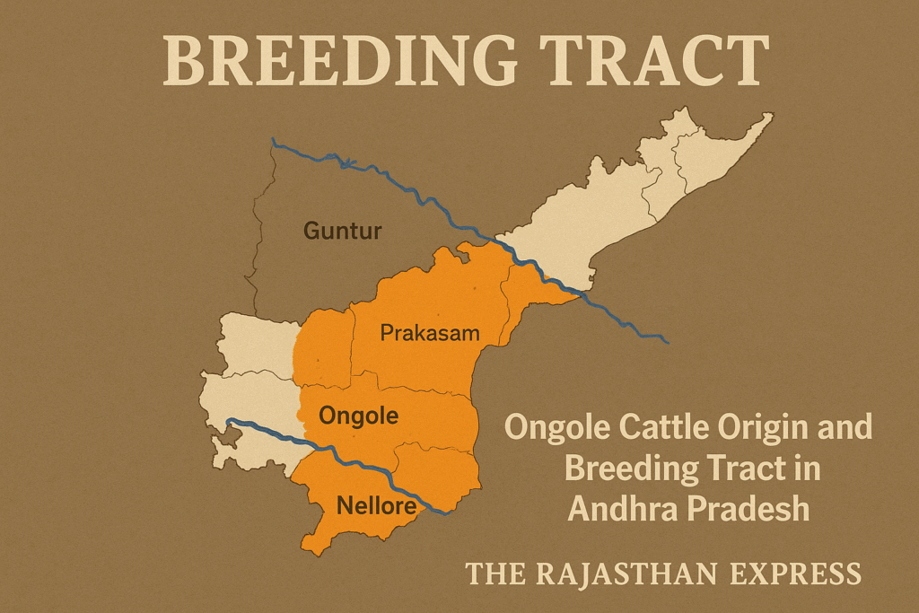 Map highlighting the Ongole Cattle breeding tract in Andhra Pradesh, focusing on the Ongole town and the river systems where the breed originated. THE RAJASTHAN EXPRESS.