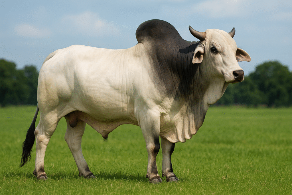 Close-up visual of Ongole Cattle distinctive characteristics, including the black eye ring, short horns, and large, smooth dewlap for heat regulation. THE RAJASTHAN EXPRESS.