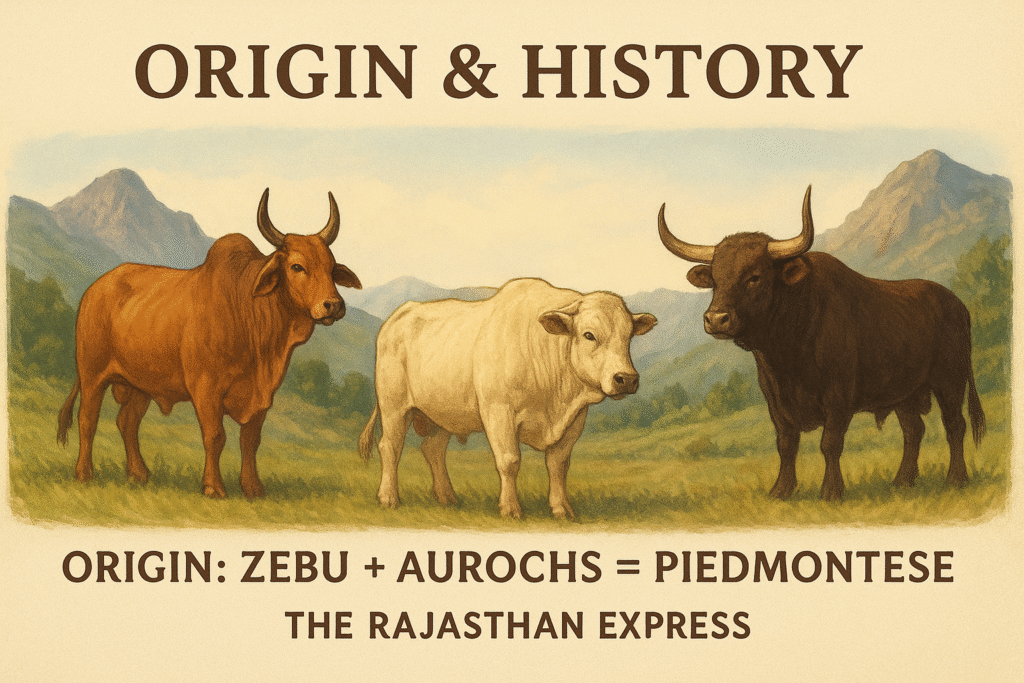 Historical graphic showing the cross-breeding origin of Piedmontese cattle from Indian Zebu and ancient European Aurochs breeds in Italy. THE RAJASTHAN EXPRESS.