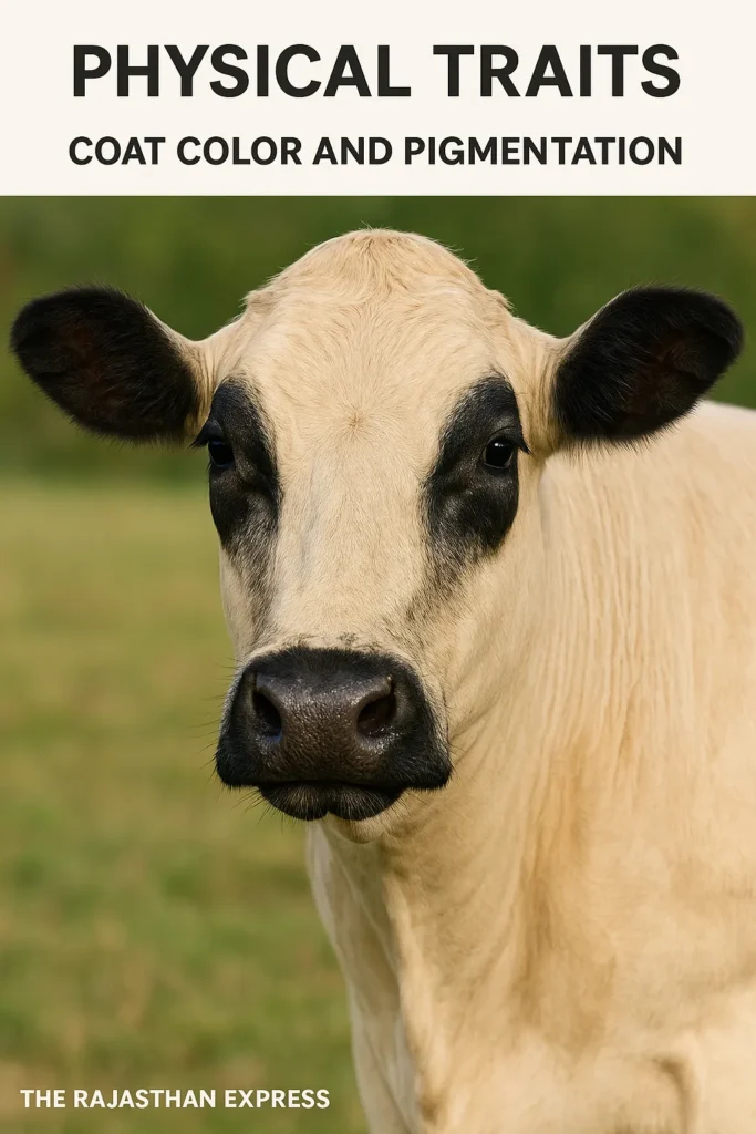 Close-up visual highlighting the distinctive Piedmontese cattle characteristics: white/wheaten coat and black pigmentation around the eyes and muzzle. THE RAJASTHAN EXPRESS.