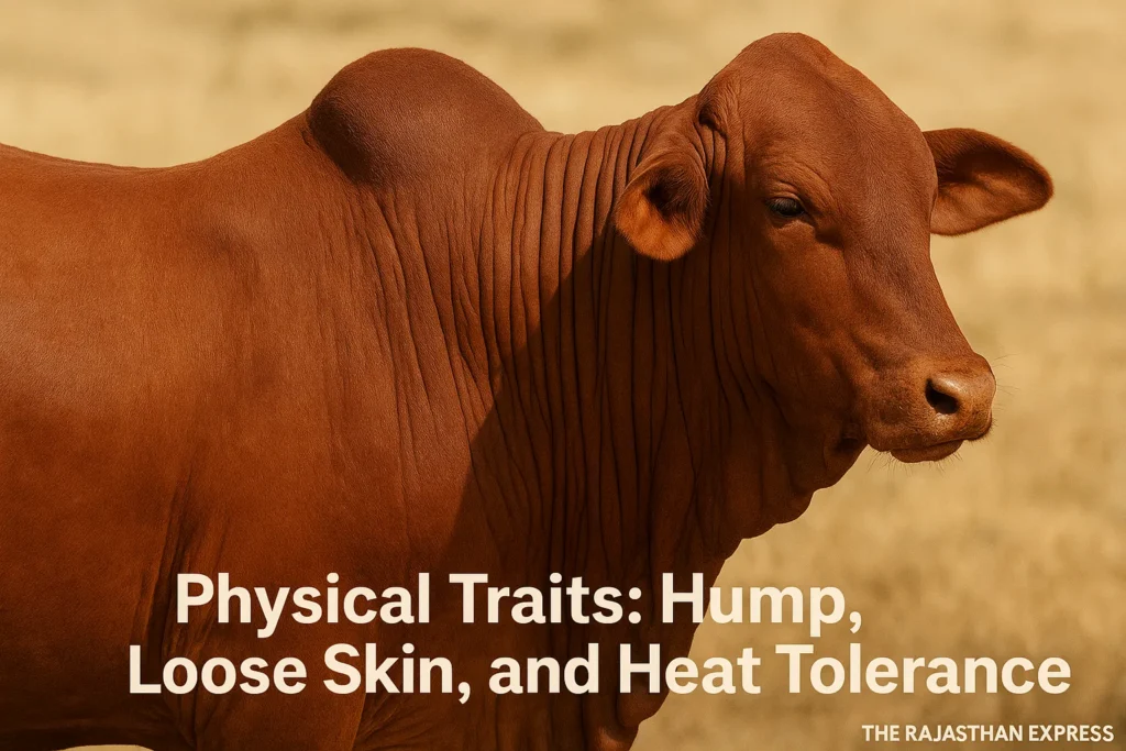 Close-up on the physical traits of Gertrudis cattle, highlighting the small Zebu hump and loose, wrinkled skin for heat tolerance. THE RAJASTHAN EXPRESS.