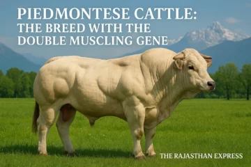 High-resolution image of a muscular Piedmontese Cattle bull, showcasing the unique double muscling gene and white coat. THE RAJASTHAN EXPRESS.