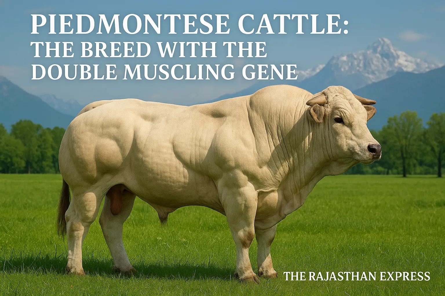 High-resolution image of a muscular Piedmontese Cattle bull, showcasing the unique double muscling gene and white coat. THE RAJASTHAN EXPRESS.