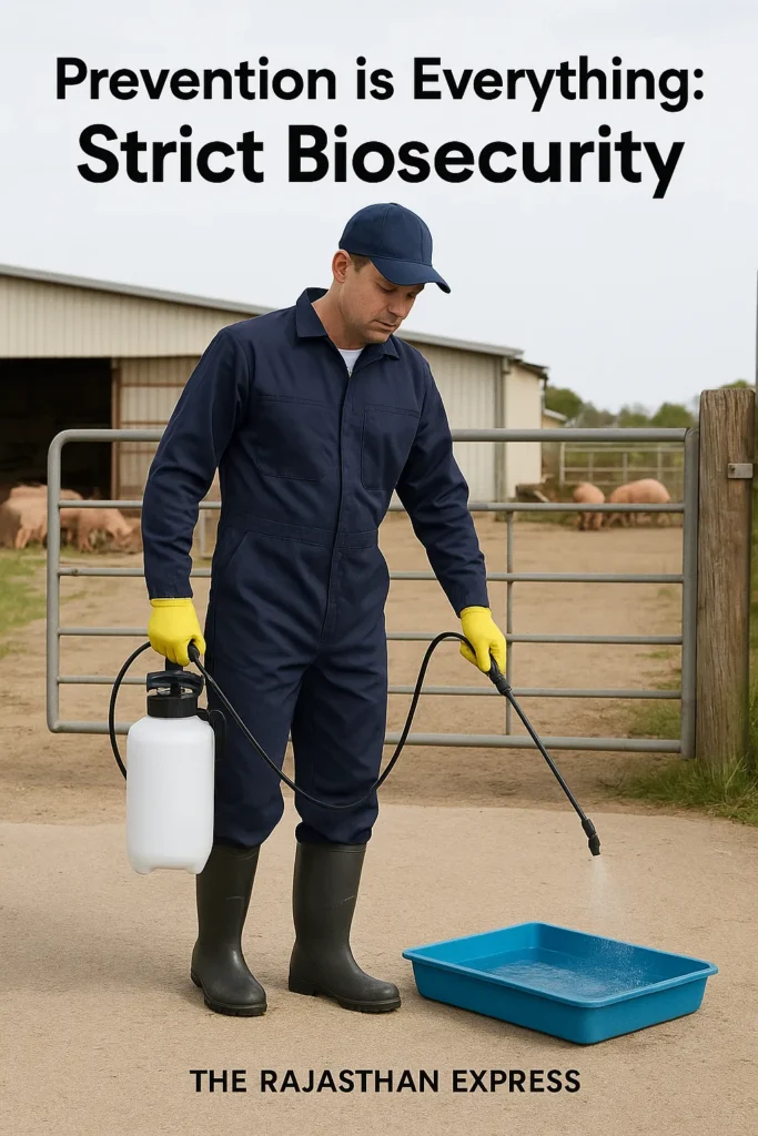Photo of a farmer wearing protective gear and disinfecting boots at the entrance of a pig farm to demonstrate high-level biosecurity practices.