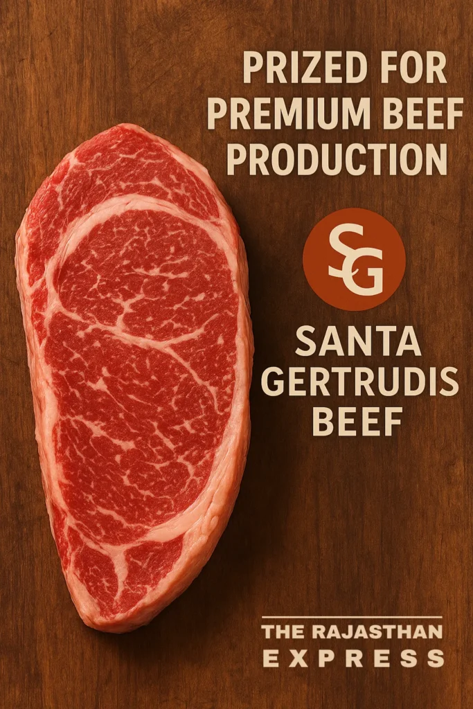 A well-marbled, premium Santa Gertrudis beef steak, showcasing the high-quality carcass traits of the cattle breed.