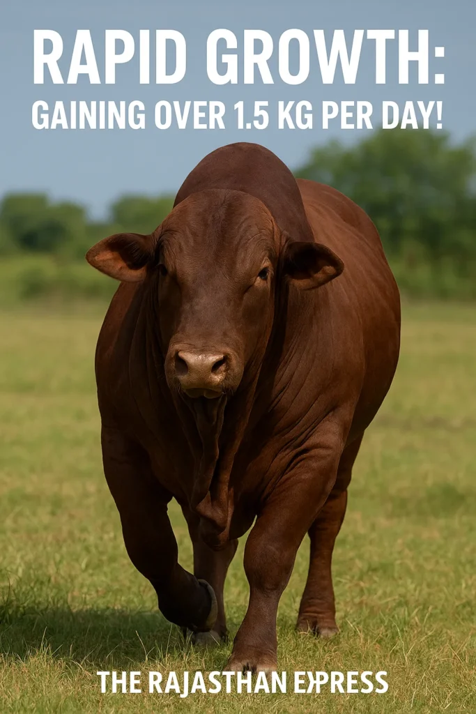 A large, muscular Santa Gertrudis bull walking in a field, demonstrating its impressive rapid growth rate and heavy weights.