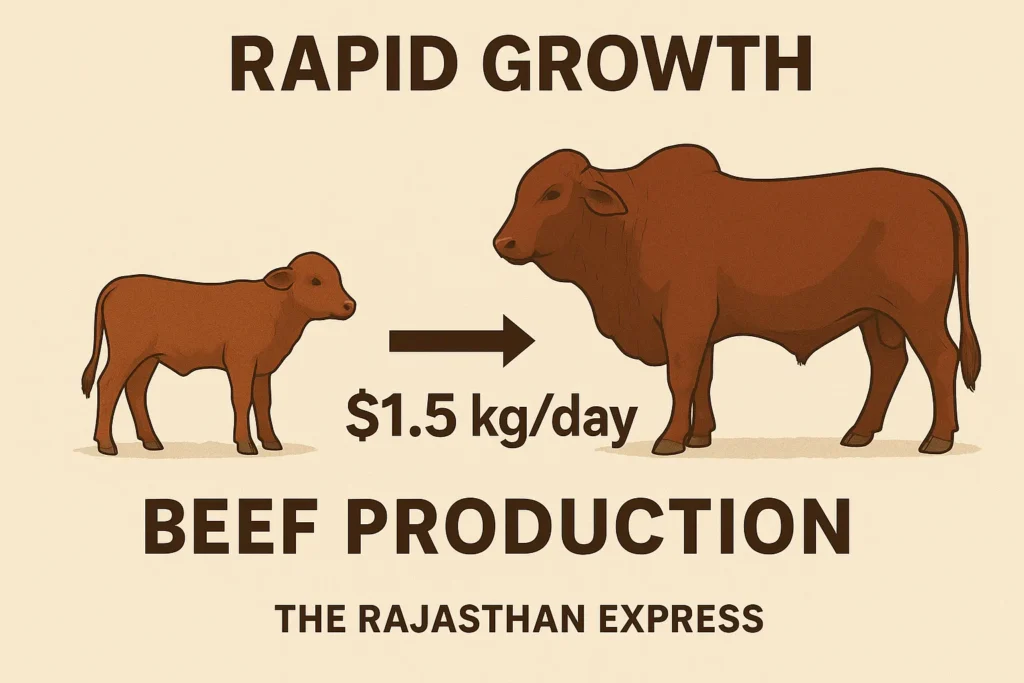 Graphic demonstrating the impressive rapid weight gain performance (over 1.5 kg/day) of Gertrudis bulls for efficient beef production. THE RAJASTHAN EXPRESS.