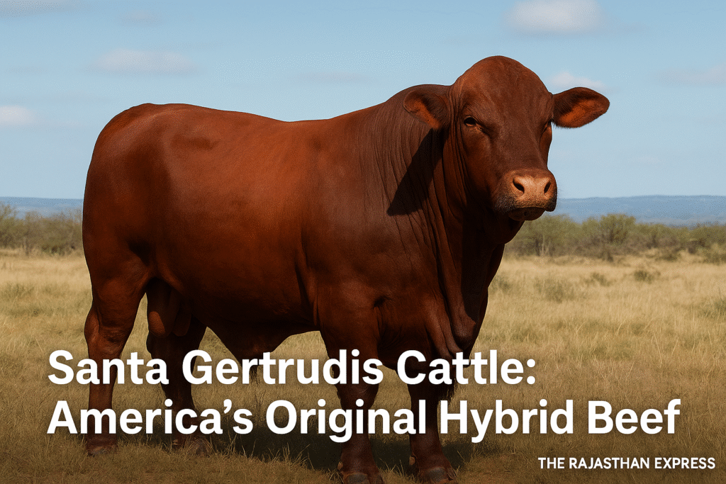 High-resolution image of a purebred Santa Gertrudis cattle bull, the famous dark red hybrid beef breed developed in the USA. THE RAJASTHAN EXPRESS.