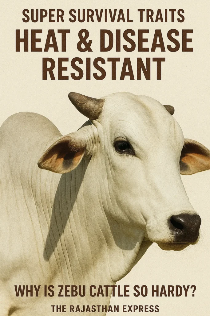 Close-up, high-detail shot of the bull's glossy white skin and short, strong horns. THE RAJASTHAN EXPRESS.