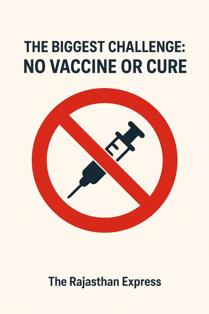 Simple icon of a syringe with a prohibition symbol (red circle with a line through it), symbolizing the lack of a vaccine or effective treatment for African Swine Fever.