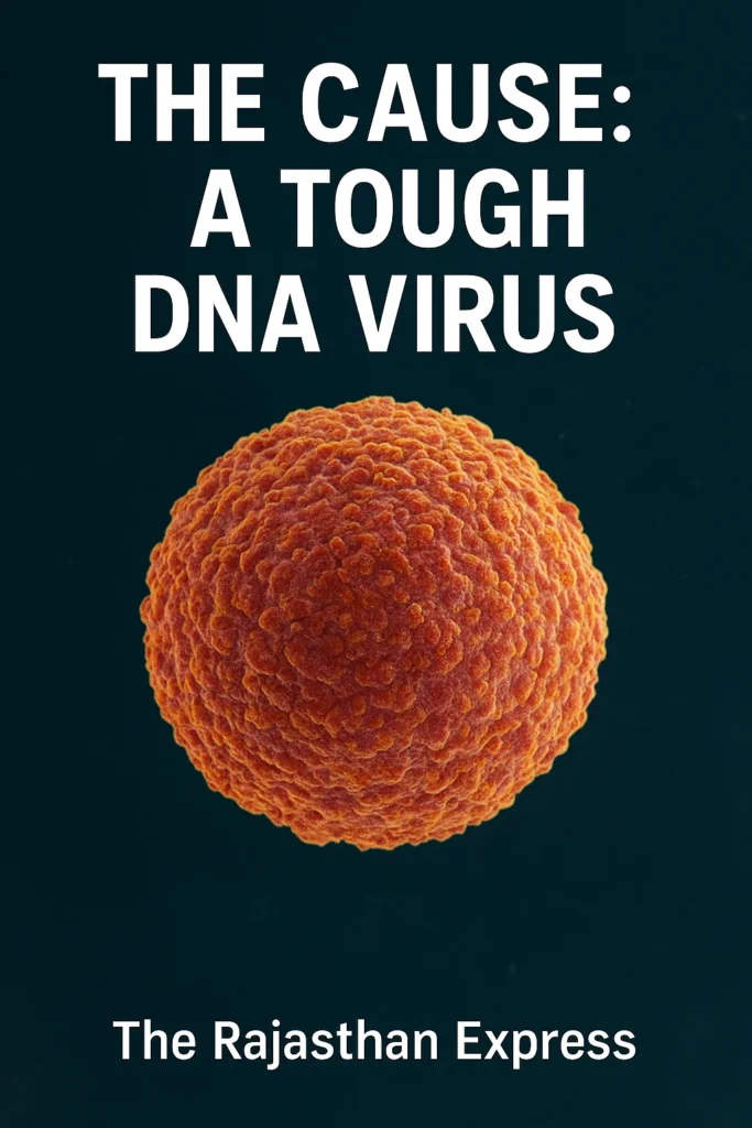 Detailed colorized electron micrograph of the African Swine Fever virus (ASFV) particle, illustrating its DNA virus structure.