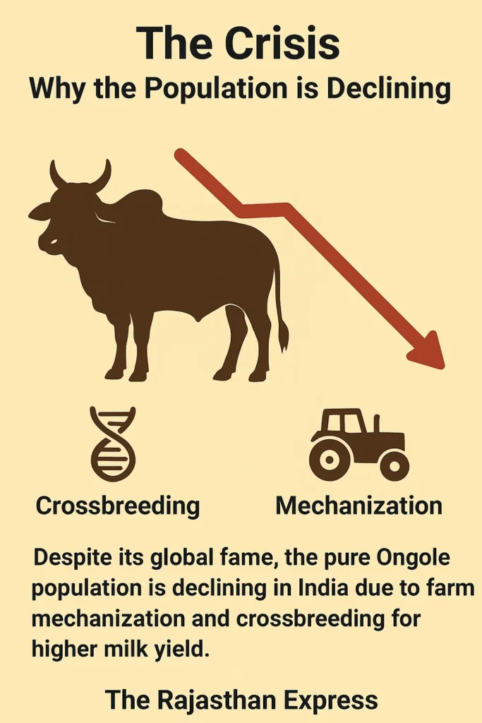 Graphic showing the Ongole cattle population decline caused by mechanization and crossbreeding in India. THE RAJASTHAN EXPRESS.