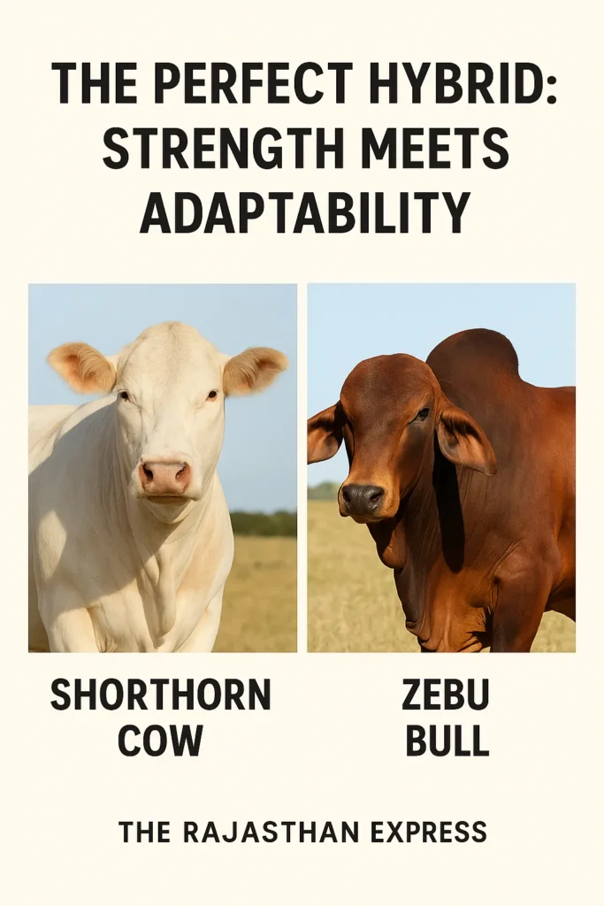 Graphic comparing a white Shorthorn cow and a humped Zebu bull, the parent breeds of the Santa Gertrudis hybrid cattle.