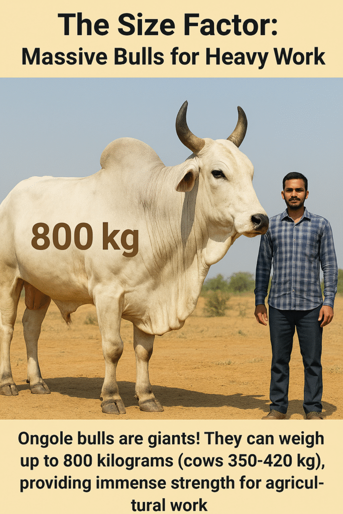Visual emphasizing the large size of the Ongole bull (approx. 800 kg), perfect for heavy draft work. THE RAJASTHAN EXPRESS.