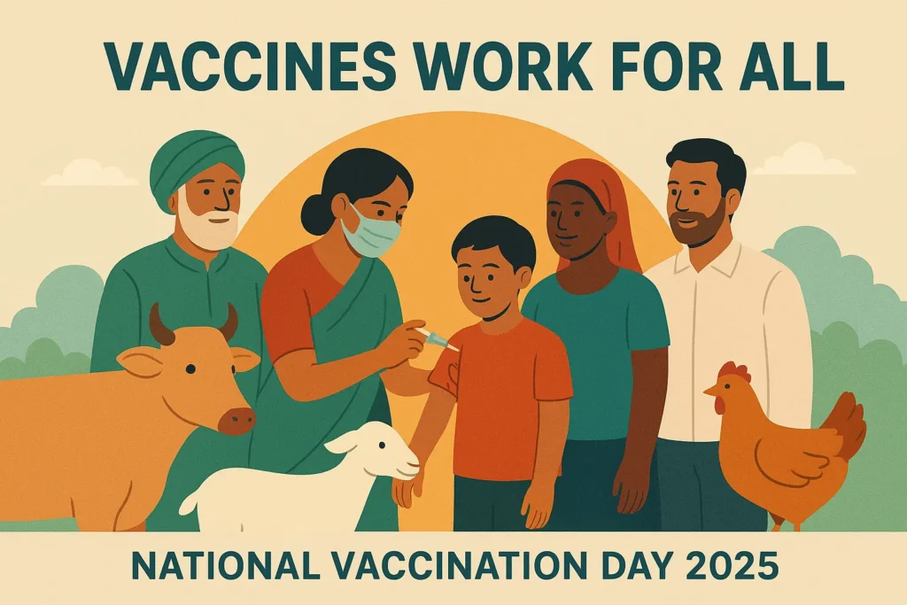 Concluding image for National Vaccination Day 2025, celebrating a healthy, vaccinated society with diverse individuals and livestock, embodying the "Vaccines Work for All" theme from THE RAJASTHAN EXPRESS.