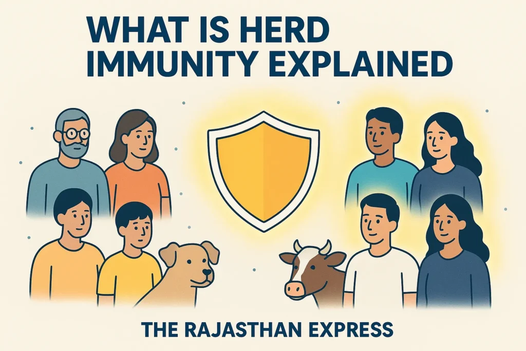 Infographic explaining herd immunity, showing how vaccinated individuals protect the entire community from infectious diseases, including humans and animals, by THE RAJASTHAN EXPRESS.